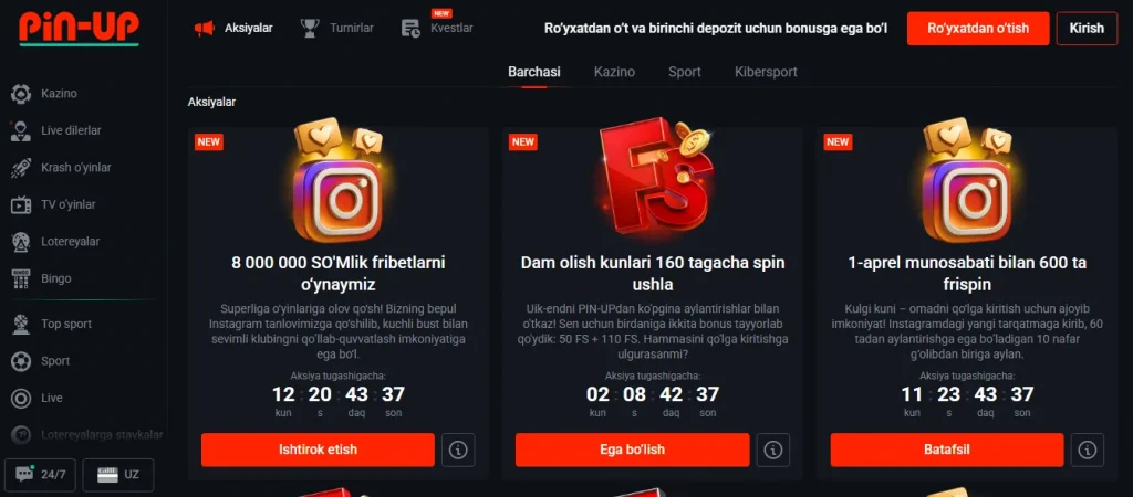 O'zbekistonlik o'yinchilar uchun Pin-Up bonuslari