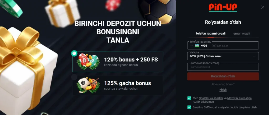 Pin-Up UZ veb-saytida ro'yxatdan o'ting